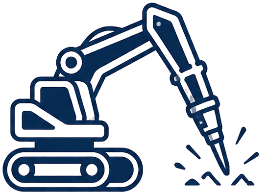 Blauer Bagger mit Hydraulikhammer als Icon für Abbruch und Baustelle