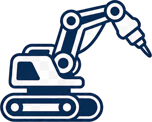 Blaues Icon eines Baggerarms auf Kettenfahrwerk, Baustellen-Symbol
